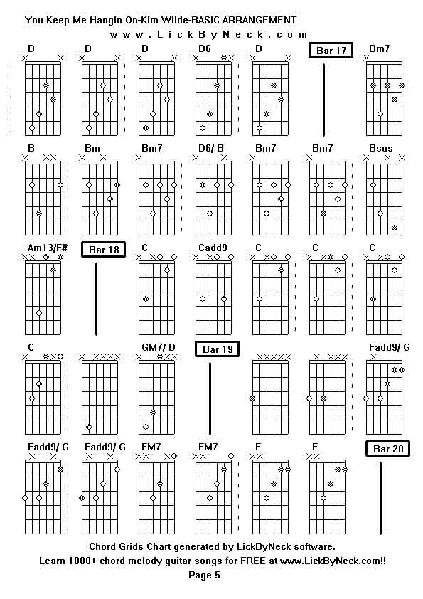 Chord Grids Chart of chord melody fingerstyle guitar song-You Keep Me Hangin On-Kim Wilde-BASIC ARRANGEMENT,generated by LickByNeck software.